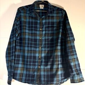 The North Face Women's Blue and Yellow Plaid Button-Down Shirt, Sz L but Fits M